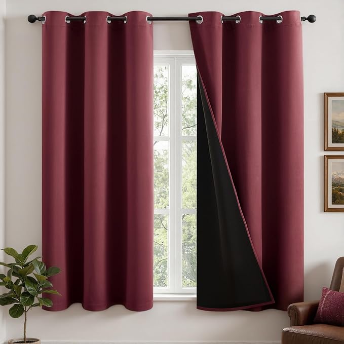 MIULEE Burgundy Red 100% Blackout Curtains for Bedroom 40x54 Inch 2 Panels | 2 Thick Layers Thermal Insulated Short Curtains with Black Liner, Noise Reducing Grommet, Drapes for Living Room