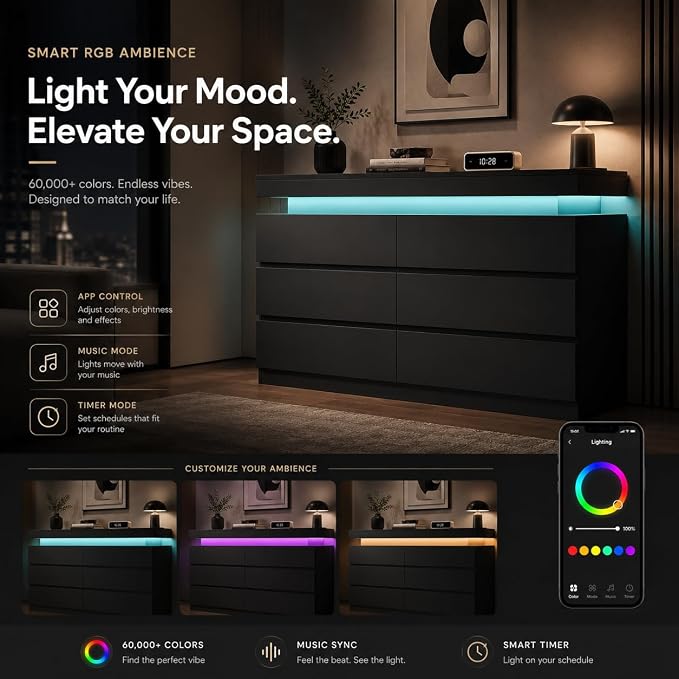 6 Drawer Dresser with LED Lights & Charging Station, Modern Floating Black Dresser for Bedroom, Smart Storage Chest with 2 AC Outlets & USB Ports for Living Room, Closet, Entryway