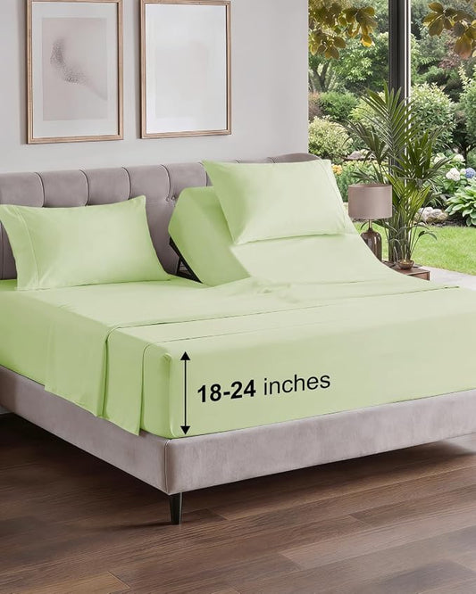 Flex Top Split Head King Sheet Set - 4 Piece Extra Deep - Light Sage Green | Easily Fits 18 to 24 inch Mattress, Ultra Soft, Wrinkle & Fade Free with Extra Deep Pockets, Comfy Hotel Luxury Bedding