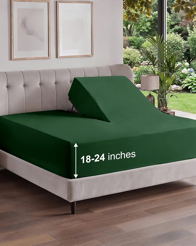 Extra Deep Flex Top Split Head King Fitted Sheet - Hotel Luxury Single Fitted Sheet Only - Easily Fits 18 inch to 24 inch Mattress - Ultra Soft, Wrinkle Free w/Extra Deep Pockets - Emerald Green