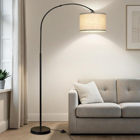 Arc Floor Lamps for Living Room, Modern Standing Lamp with Adjustable Hanging Drum Shade, Tall Pole Lamp with Foot Switch, Over Couch Arched Reading Light for Bedroom, Office (Black)
