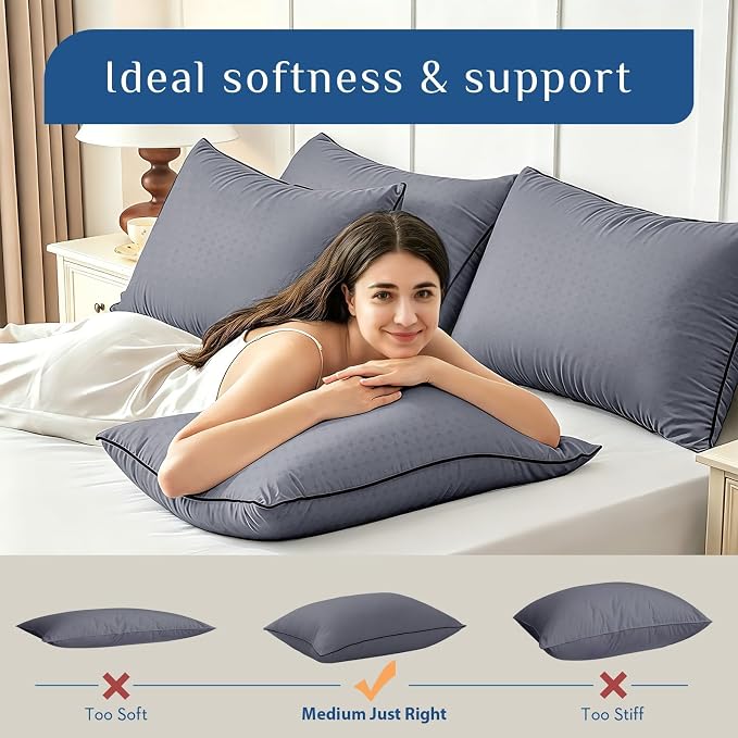 JOLLYVOGUE Grey Pillows Queen Size Set of 4, Washable Supportive Firm Bed Pillows with Oeko-Tex Certified Soft Down Alternative Fill, Fluffy Luxury Hotel Quality for Side, Back, and Stomach Sleepers