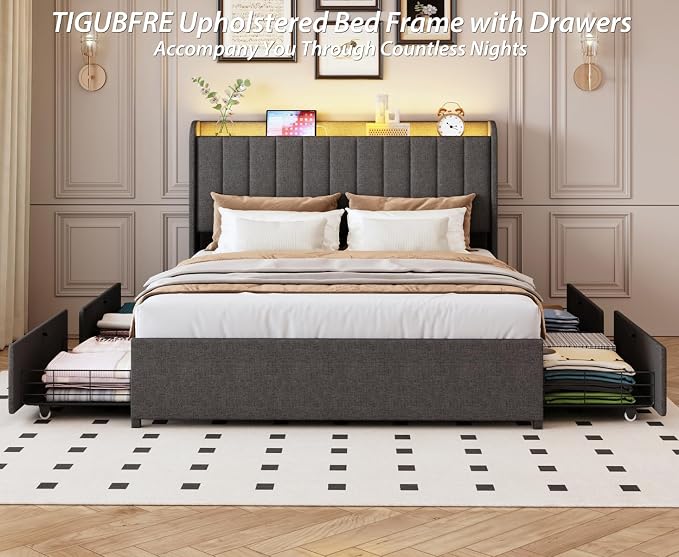 Queen Bed Frame with 4 Drawers and Storage Headboard, Upholstered Platform Bed Frame Queen Size with Led Lights and Handy Charging Station, No Box Spring Needed, Easy Assembly, Noise Free, Gray