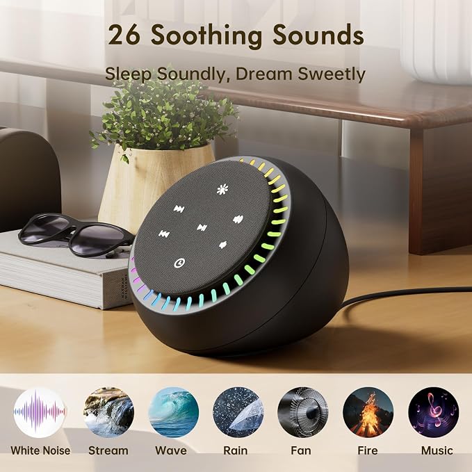 DreamSky Sound Machine for Sleep, White Noise for Sleeping Adults & Baby | Brown Noise Fan for Office Privacy & Noise Canceling, 26 Sounds & RGB Night Light, USB-C Powered for Home Travel