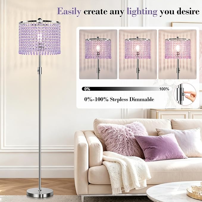 【Upgraded】 Dimmable Crystal Floor Lamps for Living Room with Chandelier Lampshade, Standing Lamp with Knob Switch, Tall Purple Floor Lamp for Bedroom, Dresser, Office