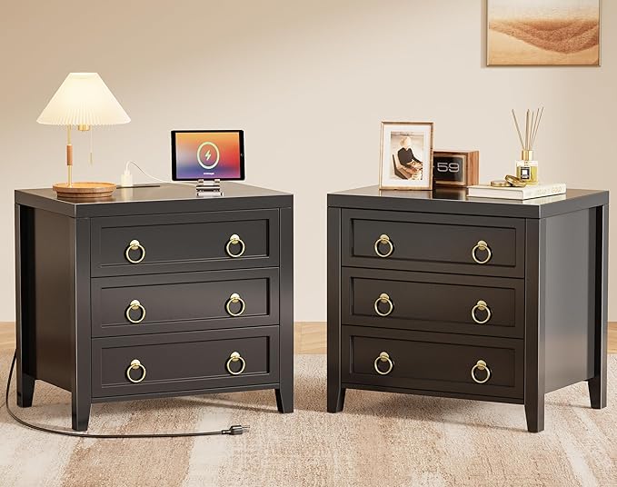 Huuger Paint Night Stand with Charger Station, 3 Drawer Nightstand Set of 2 | Larger Wider Bedside Table with USB-C Port, Modern End Table, for Bedroom, Living Room, Black Nightstand