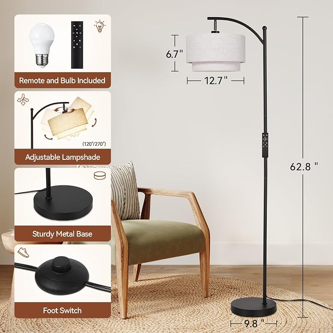 SUNMORY Arc Floor Lamps for Living Room with 12W Remote and Dimmable Bulb | Modern Floor Lamps with Adjustable Double Fabric Shades Shades, LED Lamp, Boho Standing Lamp for Bedroom, Corner, Home Decor