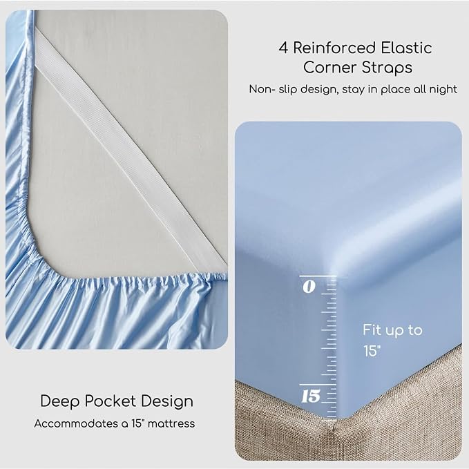 MR&HM Satin Sheets King Size with Elastic Corner Straps, Light Blue | Similar to Silk, 4-Piece Silky Soft Bed Sheet Set, Gentle on Skin and Hair, 15" Deep Pocket, Cooling & Breathable