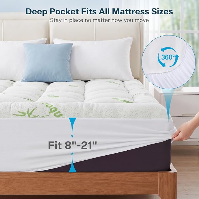Waterproof Cal King Size Mattress Topper Viscose Derived from Bamboo, Extra Thick Mattress Pad for Back Pain, Cooling Mattress Topper with Deep Pocket 8"-21", Green,Cal King
