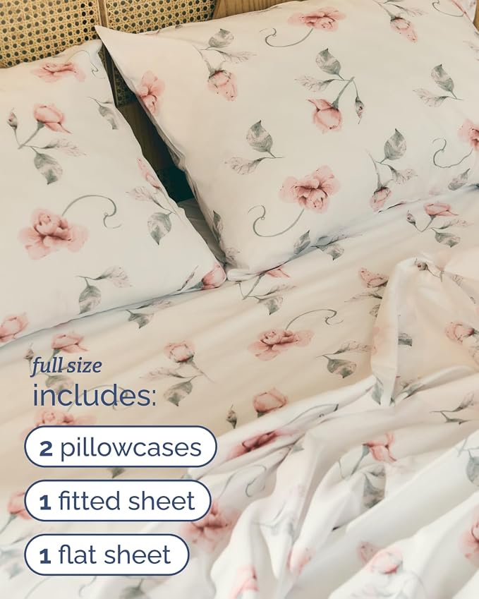 Full 4 Piece Boho Botanical Floral Sheet Set - Soft & Cooling - Rosebud | 1 Flat, 1 Fitted & 2 Pillowcases w/ Deep Pockets, Boho Botanical Floral Bedding, Breathable & Cooling, Wrinkle & Fade Free