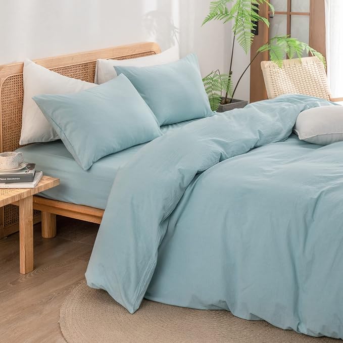 BESTOUCH Cotton Solid Duvet Cover Set Linen Feel Hushed Green Queen | 100% Washed Cotton, Soft Wrinkle Texture, Hidden Zipper, 8 Ties, Breathable Lightweight Durable Comfy, 3 Pcs No Insert