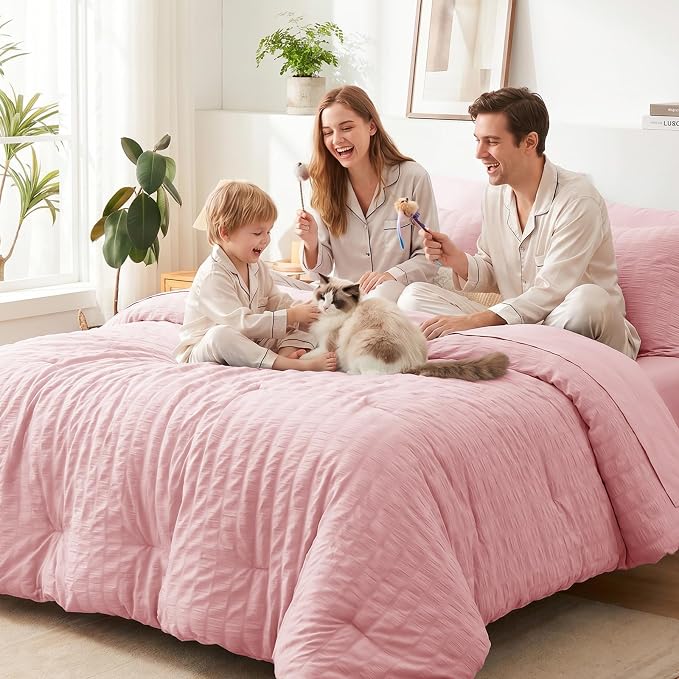 Queen Comforter Set, 7 Pieces Pink Seersucker Bed in a Bag | OEKO-TEX Certified, All Season Bedding Set with 240 GSM Down Alternative Comforter, Flat & Fitted Sheets, Pillowcases & Shams