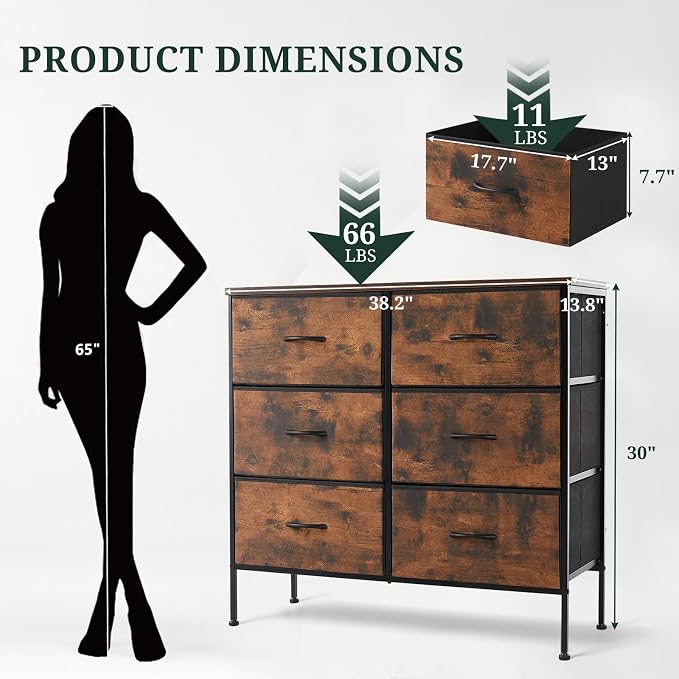 6-Drawer Dresser for Bedroom, Anti-Tip Wide Storage Organizer | Chest of Drawers with Wooden Top and Metal Frame Fabric Bins for Closet, Living Room, Hallway, Entryway, Brown
