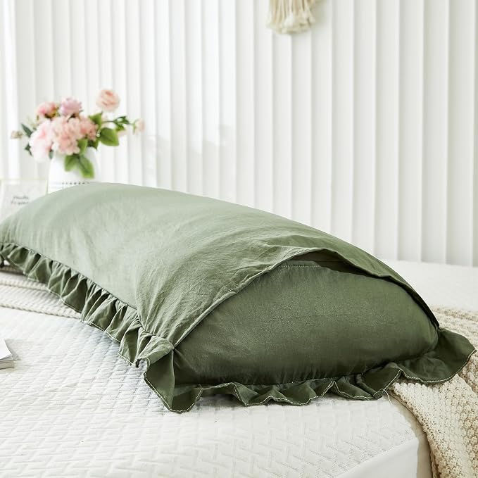 Shabby Chic Olive Green Body Pillow Cover - 20x54in Long Pillowcase with Ruffled Fringe Decor