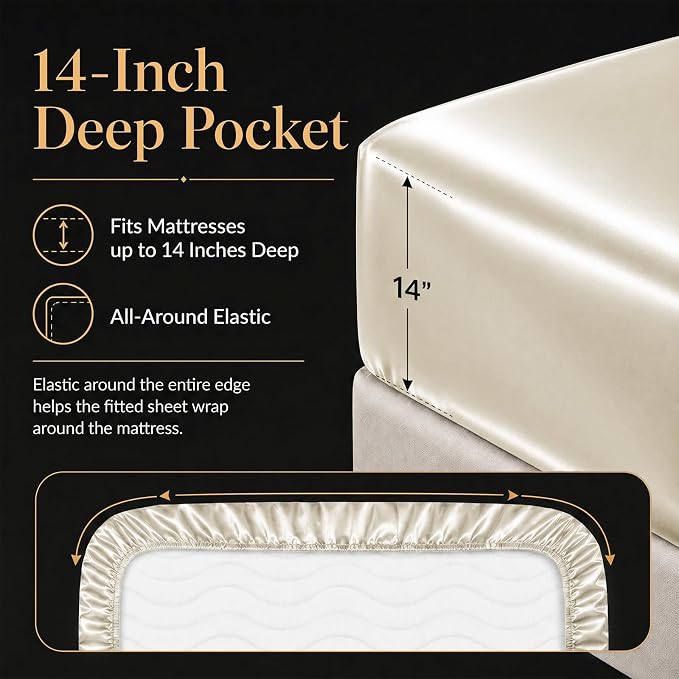 CozyLux Satin Sheets Queen, 4-Piece 14-Inch Deep Pocket Sheet Set | OEKO-TEX Certified Silky Soft Sheet Set for Hair & Skin, Luxurious Silky-Smooth Satin for Elegant Bedroom Decor, Beige