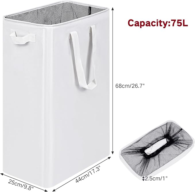 efluky Slim Laundry Basket, Narrow Laundry Hamper with Handles, Collapsible Dirty Clothes Hamper, Tall Laundry Bin for Laundry Room, Dorm and Bedroom, 12.7 Gallons(75L) White