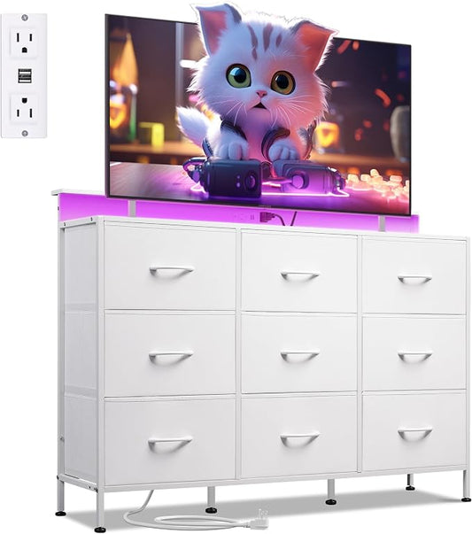 WLIVE White Dresser TV Stand 9 Drawers, Fabric Chest of Drawers LED Lights | White 9-drawer dresser TV stand fits 55" TV with wood top & charging station, fabric media console for bedroom. Easy assemble
