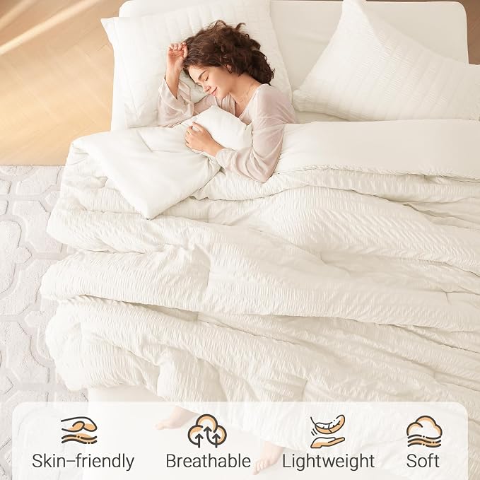 7 Pieces King Comforter Set, Seersucker Bed in a Bag King Size, All Season Luxury Bedding Set with Comforter, Flat Sheet, Fitted Sheet, Pillowcases & Shams, Ivory