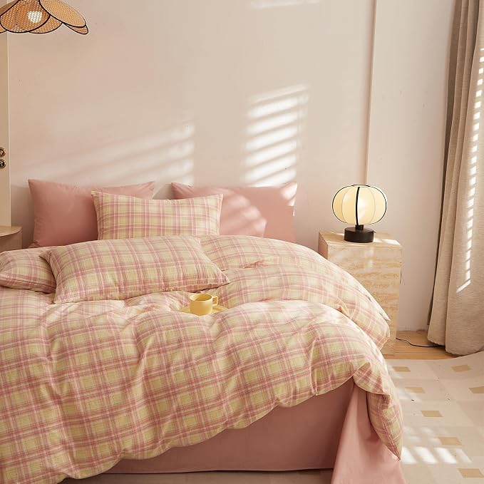 LifeTB Pink & Yellow Buffalo Plaid Comforter Set Full Size, 3 Piece Vintage Plaid Checkered Pattern Comforter with 2 Pillowcases, Grid Farmhouse Bedding Set Gingham Bedding Comforter for All Season