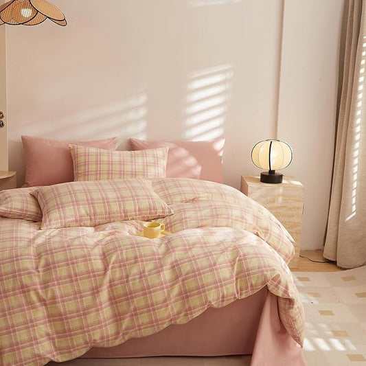 LifeTB Pink & Yellow Plaid Comforter Set Twin XL, Modern Style 3 Piece Gingham Comforter with 2 Pillowcases, Fluffy Soft Farmhouse Grid Bedding Set, Vintage Plaid Checkered Comforter for All Season