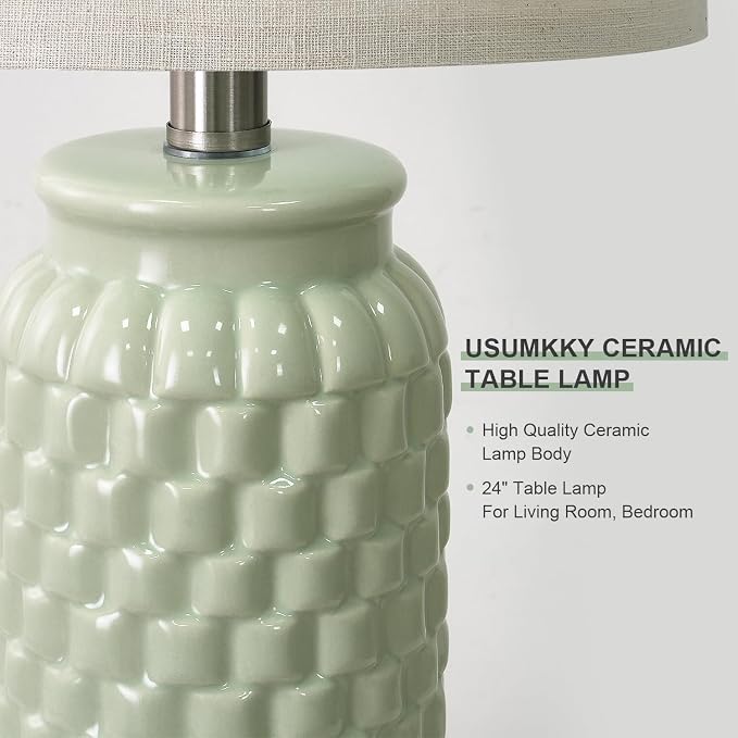 USumkky 24" Modern Ceramic Green Bedside Lamp Set of 2 Table Lamp for Bedroom Decor Farmhouse Table Lamp for Living Room Office Dorm