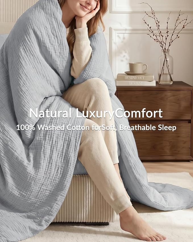 SE SOFTEXLY Muslin Duvet Cover Queen Size, 100% Washed Cotton Duvet Cover Set, Ultra Soft Comforter Cover Linen Like, 3 Pieces Minimalist Gauze Duvet Cover with 2 Pillowcases, 90"x90", Light Grey