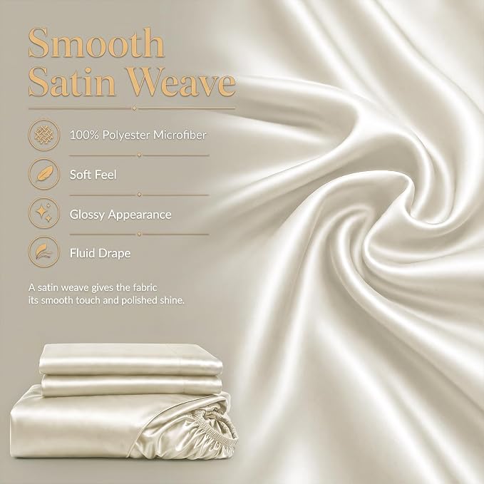 CozyLux Satin Sheets Full, 4-Piece 14-Inch Deep Pocket Sheet Set | OEKO-TEX Certified Silky Soft Sheet Set for Hair & Skin, Luxurious Silky-Smooth Satin for Elegant Bedroom Decor, Beige