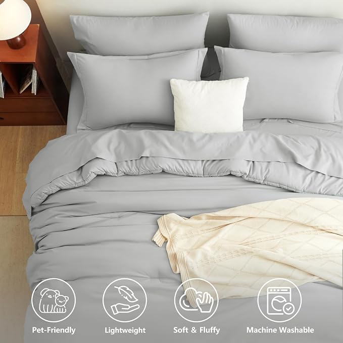 Queen Comforter Set Light Grey, 7 Pieces Bed in a Bag | OEKO-TEX Certified, All-Season, Bedroom, 240GSM Down Alternative Comforter, Flat & Fitted Sheets, 2 Pillowcases & 2 Shams