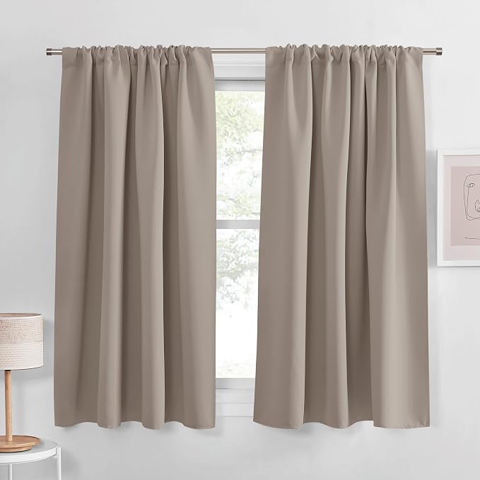 PONY DANCE Blackout Window Curtains - Rod Pocket Window Treatments Curtain Panels/Draperies Room Darkening Noise Reducing Home Fashion, Wide 42 x Long 45 inches, Light Taupe, One Pair