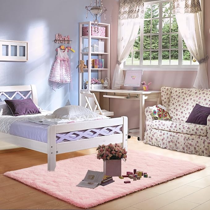 Pink Area Rugs for Living Room Bedroom Girls, 4x6 Soft Fluffy Fuzzy Shag Rug for Kids Room Bedside Rug, Indoor Floor Plush Cute Carpet for Baby, Nursery, Home Decor Aesthetic