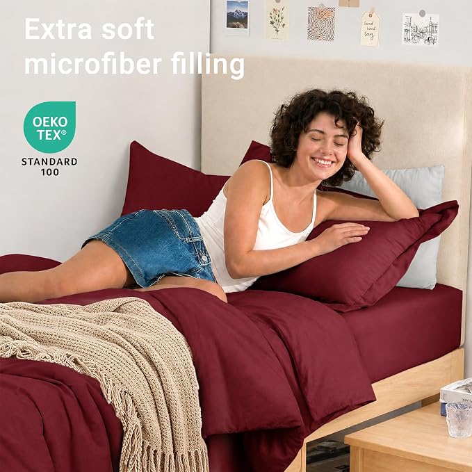 5 Pieces Twin XL Comforter Set, Soft Bed in a Bag Twin XL Size, All Season Bedding Set with Comforter, Flat Sheet, Fitted Sheet, Pillowcases & Shams, Burgundy Red