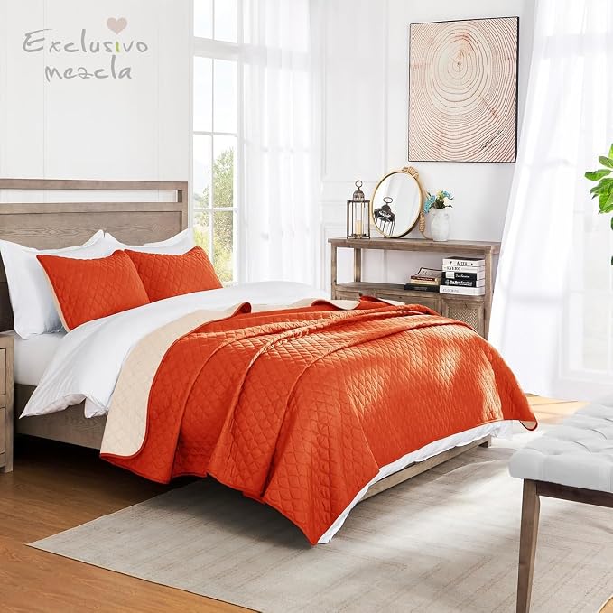 Exclusivo Mezcla Reversible Full Queen Quilt Bedding Set, Burnt Orange | Lightweight Bedspreads with 2 Pillow Shams, Soft Microfiber, All Season Bed Coverlets for Bedroom Guest Room, 90x96 Inch