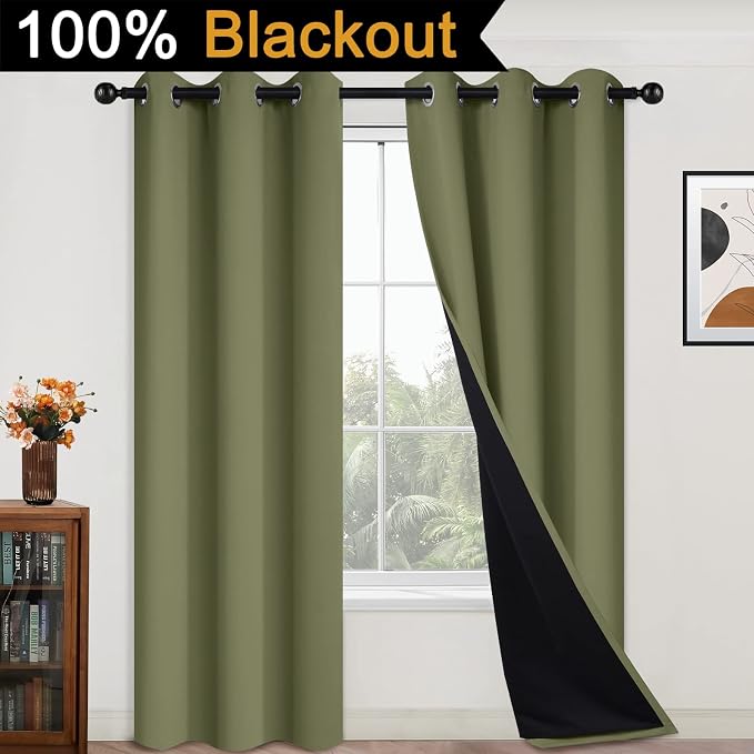 Yakamok Sage Blackout Curtains 84 Inches Long for Bedroom 42" Wide 2 Panel | Blackout Curtain Panels for Bedroom, 2 Thick Layers Grommet Top Thermal Insulated Drapes with Black Liner for Living Room