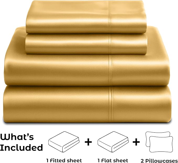 Satin Sheets Full [4-Piece, Gold] Hotel Luxury Silky Bed Sheets - Extra Soft 1800 Microfiber Sheet Set, Wrinkle, Fade, Stain Resistant - Deep Pocket Fitted Sheet, Flat Sheet, Pillow Cases