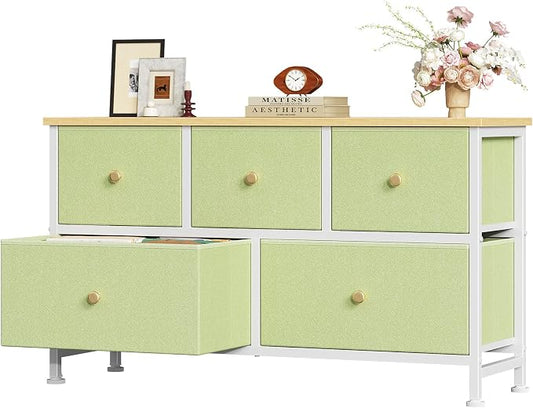 OLIXIS 5 Drawer Dresser for Bedroom, Storage Organizer Unit for Closet | Chest of Drawers for Clothes Storage with Bins, Wide Fabric Bedroom Dresser, Wooden Top, Living Room, Light Green