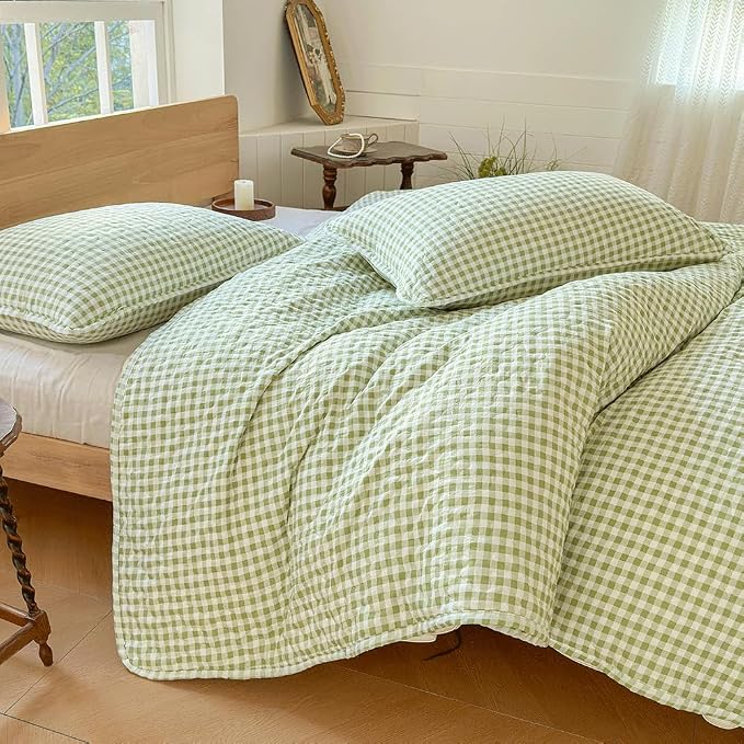 NSNLGSGC Sage Green Gingham King Summer Bedspread Quilt Set | Pre-washed Microfiber,Lightweight Checked Grid Bedding Coverlets for All Seasons