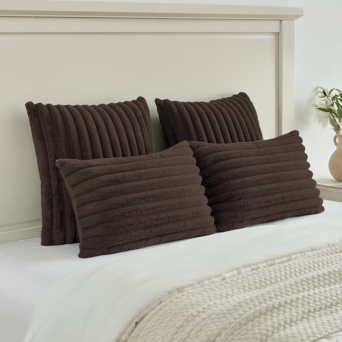 FUTEI Pack of 2 Faux Fur Throw Pillow Covers 12x20 Inch, Dark Coffee | Fluffy Faux Rabbit Fur Front/Premium Velvet Back,Hidden Zipper,Machine Washable,Non-Shedding,Colorfast,Insert Not Included.