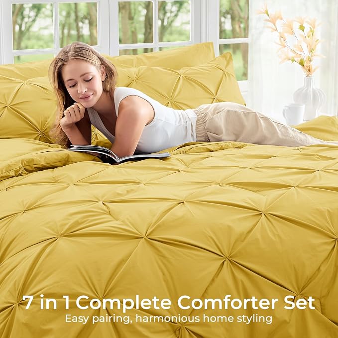 Sasttie Queen Comforter Set, 7-Piece Bed in a Bag, Pintuck Bedding Sets for All Season, Includes Comforter, Flat Sheet, Fitted Sheet, Pillowcases and Pillowshams, Mustard Yellow