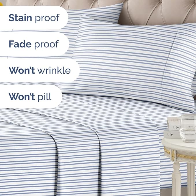 King 4 Piece Striped Sheet Set - Breathable & Cooling - Blue Double Stripes | 1 Flat, 1 Fitted & 2 Pillowcases w/ Deep Pockets, Luxury Striped Bedding, Soft, Breathable & Cooling, Wrinkle & Fade Free