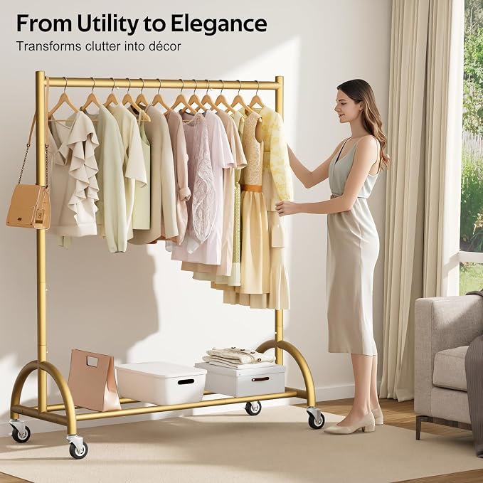 MISSLO Heavy Duty Clothing Rack with Wheels Rolling Clothes Racks for Hanging Clothes, Coats, Garment, Dress, Gold (Pack of 2)