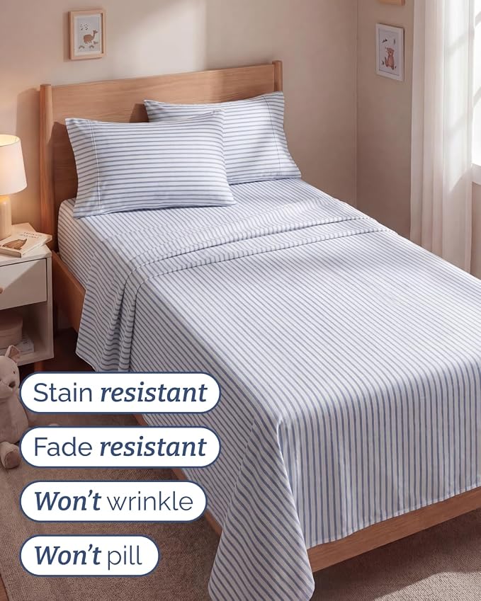 Twin 4 Piece Bed Sheet Set - Breathable & Cooling Sheets - Blue Stripes | Ultra Soft Hotel Luxury Bedding Set with 8-16 Inch Deep Pockets, 1 Flat & 1 Fitted Sheet & 2 Pillowcases, Wrinkle & Fade Free