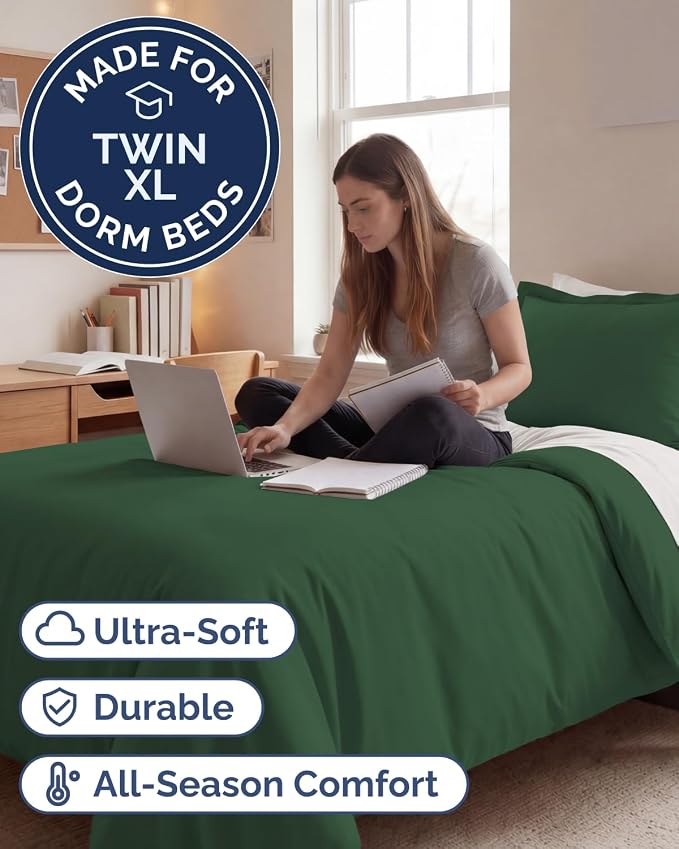 Duvet Cover Twin/Twin XL - 2 Piece with Zipper Closure - Emerald Green | Extra Soft, Breathable, Twin/Twin XL Duvet Cover 68" x 90" w/ 1 Pillow Sham, Zipper Closures & Ties, Women, Men, Kids & Teens
