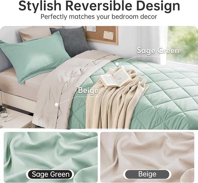 5 Pieces Twin XL Comforter Set, Reversible Bed in a Bag Twin XL Size, All Season Bedding Set with Comforter, Flat Sheet, Fitted Sheet, Pillowcases & Shams, Sage Green & Beige