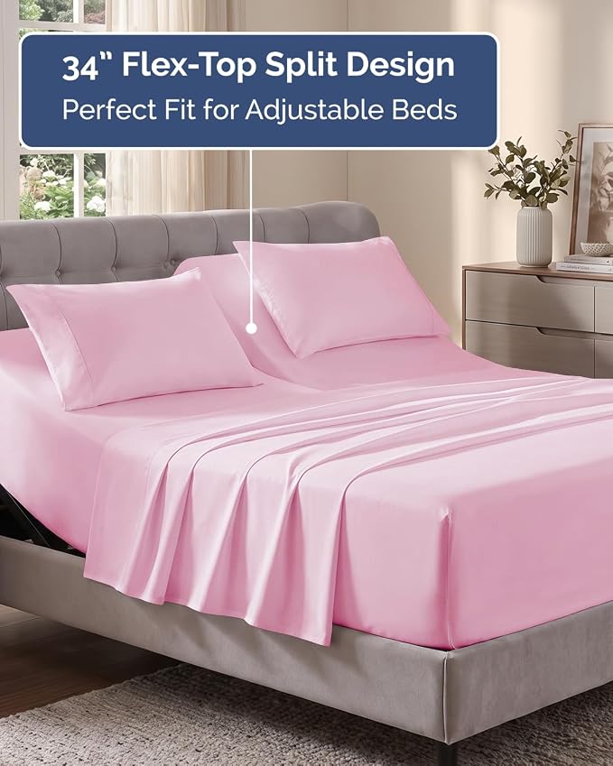 Flex Top Split Head King Sheet Set - 4 Piece Extra Deep Sheets - Light Pink | Easily Fits 18 to 24 inch Mattress, Ultra Soft, Wrinkle & Fade Free with Extra Deep Pockets, Comfy Hotel Luxury Bedding
