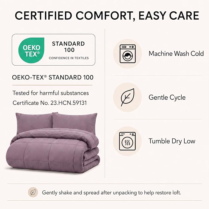 Queen Comforter Set Dusty Purple - 7 Pieces Bed in a Bag | OEKO-TEX Certified, All-Season, Bedroom, Guest Room, Down-Alternative Comforter + Flat & Fitted Sheets + 4 Pillowcases
