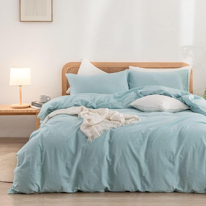 BESTOUCH Cotton Solid Duvet Cover Set Linen Feel Hushed Green Alaska King | 100% Washed Cotton, Soft Wrinkle Texture, Hidden Zipper, 8 Ties, Breathable Lightweight Durable Comfy, 3 Pcs No Insert