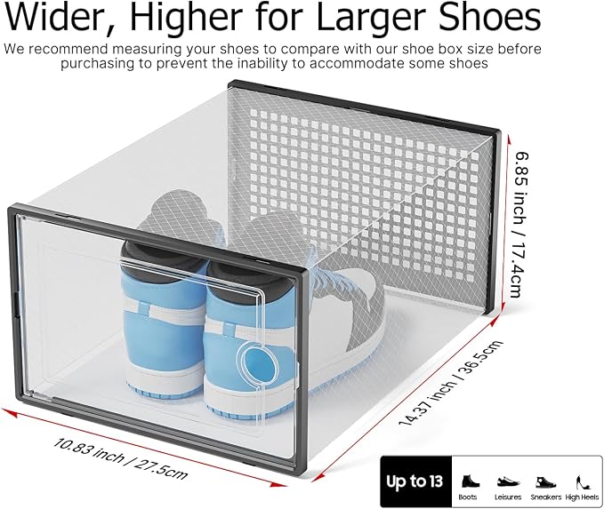 Kuject XX-Large Shoe Storage Boxes 12 Pack, Clear Stackable Shoe Organizer | Shoe Case for Closet, Entryway & Under-Bed Storage, Drop-Front Design, Space-Saving Solution for Family Organization,Black
