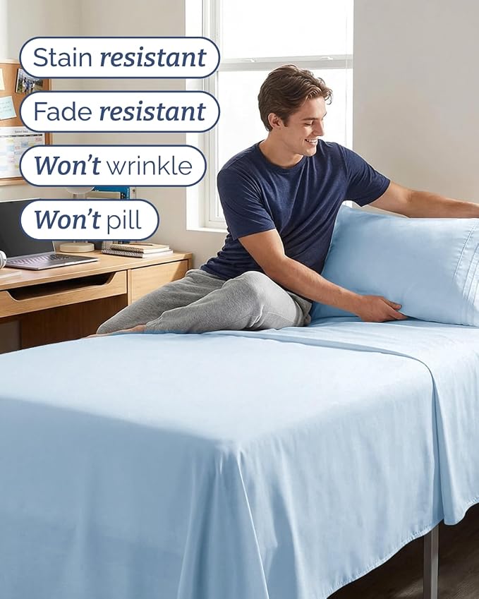 Twin XL 3 Piece Sheet Set - College Dorm Room Essentials - Light Blue | Deep Pocket Bed Sheets for Women, Men, Teens & Students, Soft, Cooling, Breathable & Wrinkle Free, Oeko-Tex Bed Sheet Set
