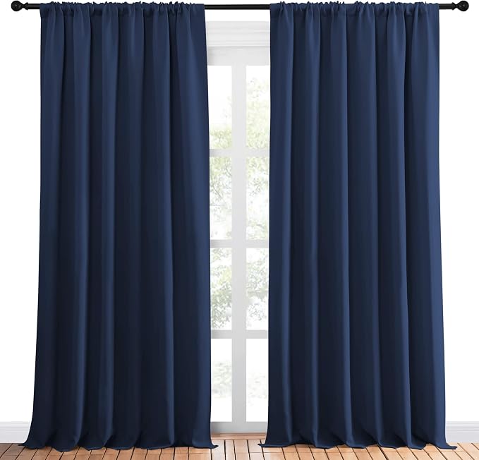 NICETOWN Living Room Curtains, Blackout Draperies, Home Decorations Thermal Insulated Solid Rod Pocket Blackout Drapes for Living Room, Hall (Navy, One Pair, 70 x 95-inch)