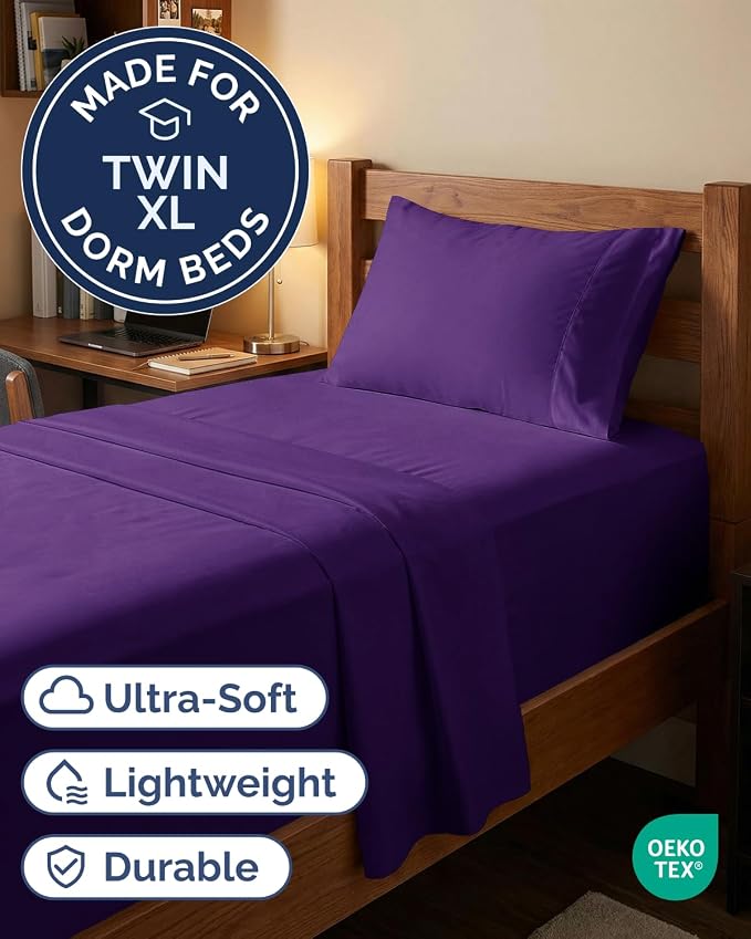 Extra Deep Twin XL Sheet Set - 3 Piece College Dorm Room - Purple | Soft, Breathable & Cooling, Easily Fits 18 to 24 inch Mattress, Wrinkle Free & Fade Resistant with Extra Deep Pockets